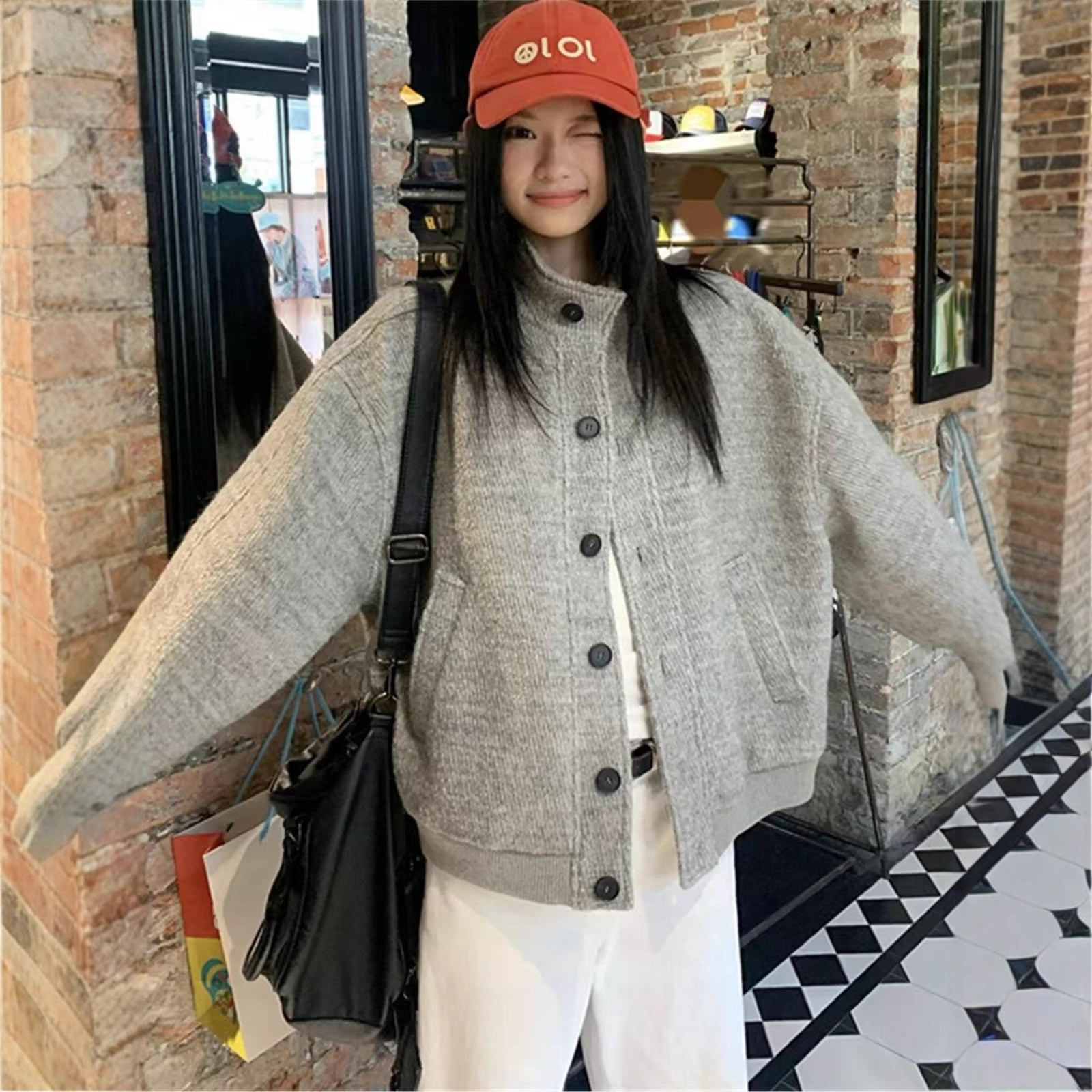 美式复古灰色立领毛呢夹克外套女秋冬设计感小众宽松休闲百搭上…