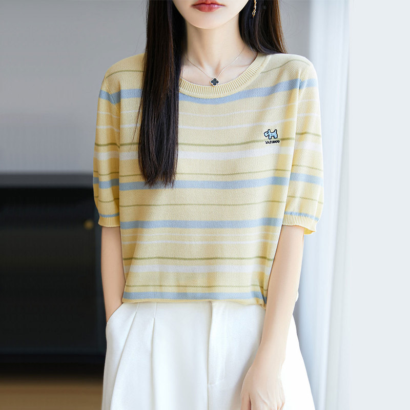 [Directly from the Manufacturer] Round Neck Tencel Short-Sleeved T-Shirt for Women Summer New Stripesd Versatile Embroidered Knitted Ice Silk Shirt