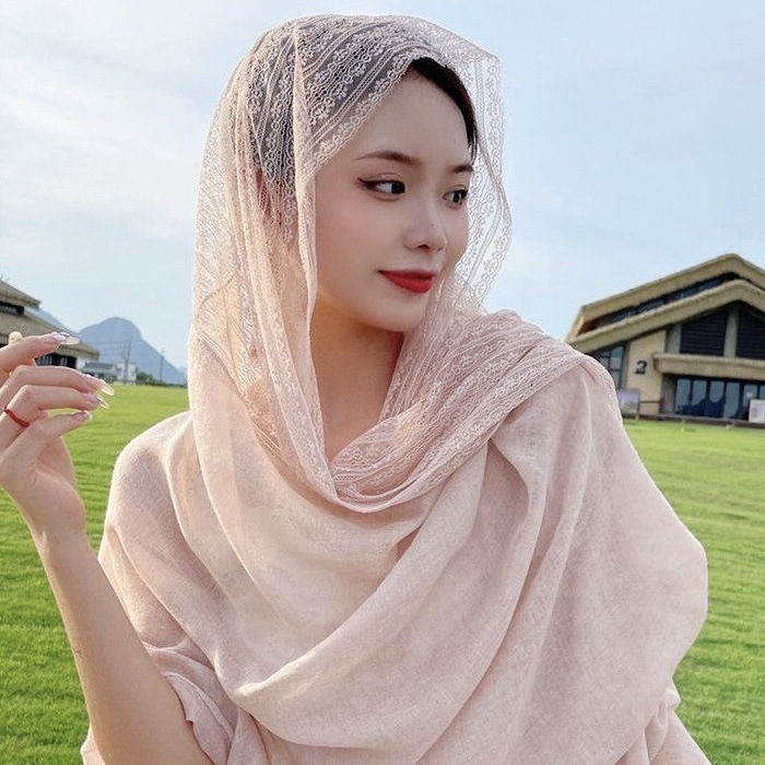 亚麻色拼接蕾丝棉麻围巾女韩系氛围感披肩春秋文艺薄款丝巾围脖|undefined