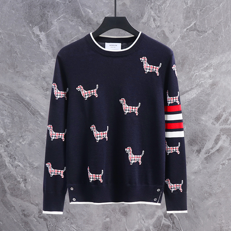 2025 New Autumn and Winter Sleeves Four Stripes Puppy Pattern Tb Round Neck Knitwear Men and Women Same Style Wool Knitwear