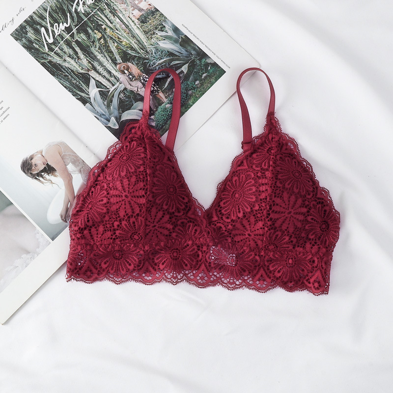 Sexy elegante encaje espalda envuelta pecho profundo V Correa suave piel-amigable ligero transpirable Copa cómodo sujetador inalámbrico