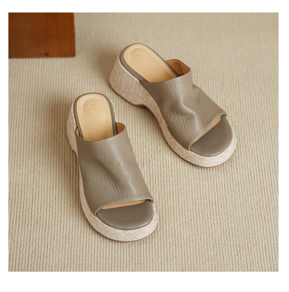 Sandal nữ da cừu gót xuồng hở mũi quai ngang đế dày — Xám voi chi tiết 13