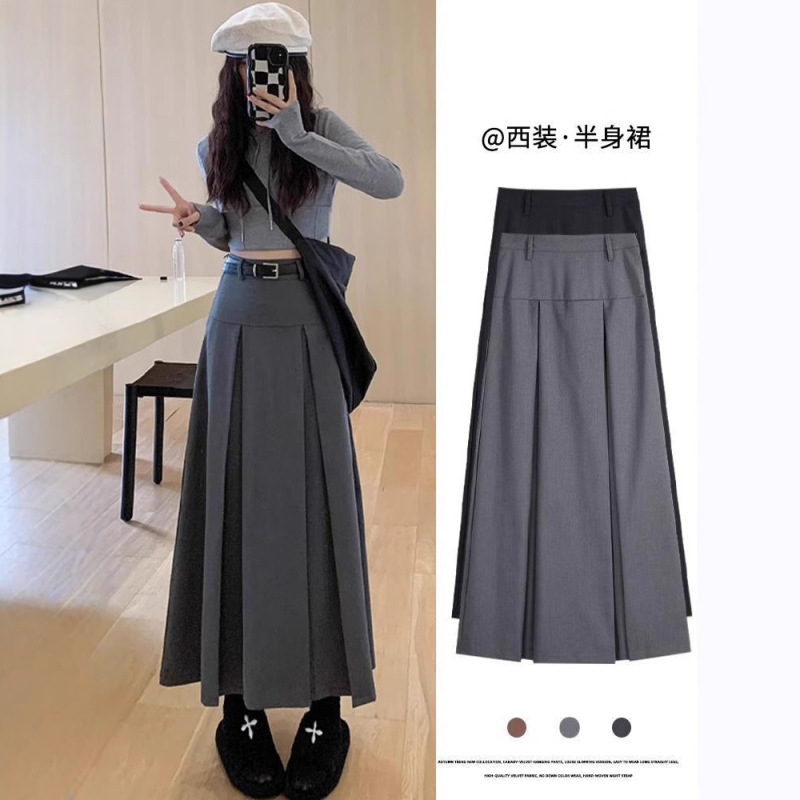 Grey Skirt Women's Spring and Summer 2025 New High Waist Slimming A- line Small Medium-length Suit Pleated Skirt for Women