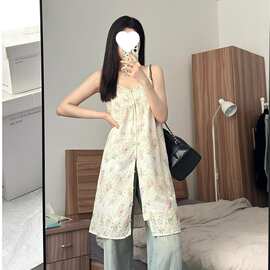 茶歇立体浮雕碎花吊带连衣裙女夏镂空中款罩衫裙叠穿泰式沙滩裙子