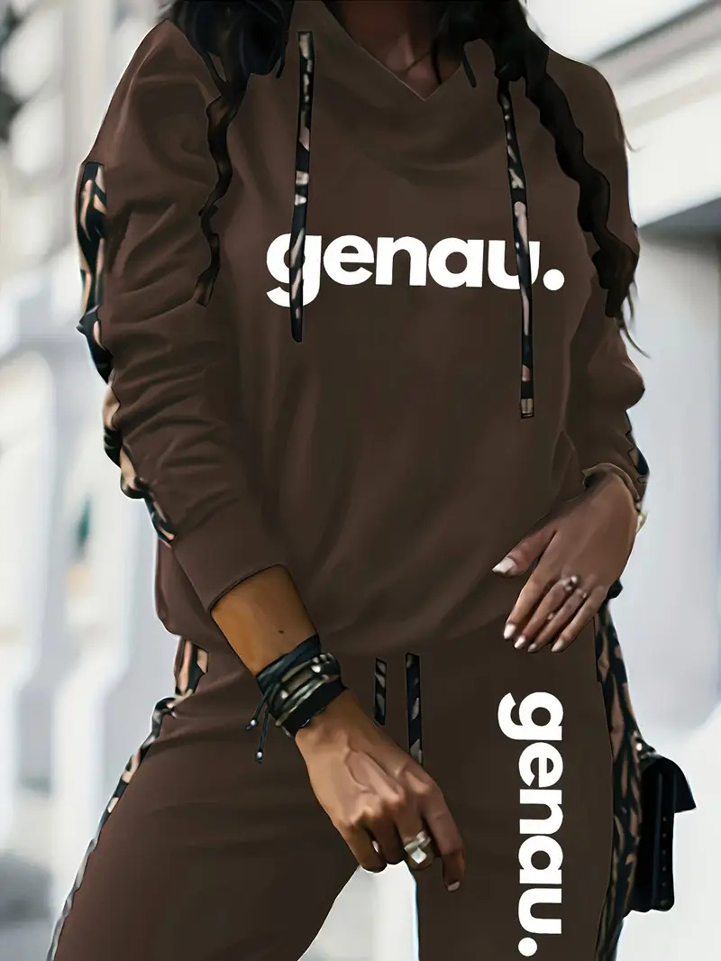 Ensemble sweat à capuche et pantalon de jogging tendance imprimé 3D – Tenue de détente surdimensionnée à imprimé lettres (S-XXL, polyester)_voghion.com