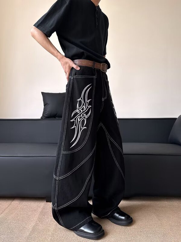 小众解构刺绣牛仔裤男春秋vibe风美式街头宽松休闲痞帅直筒阔腿裤|undefined