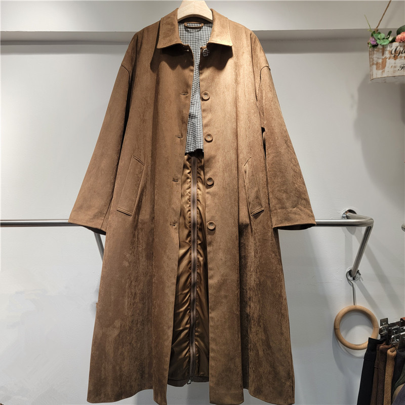 Retro Fashionable Suede Strap Back Zipper Windbreaker Extra Long Outwear Women's High-End Loose Lapel Jacket Retro Fashionable Suede Strap Back Zipper Windbreaker Extra Long Outwear Women's High-End Loose Lapel Jacket