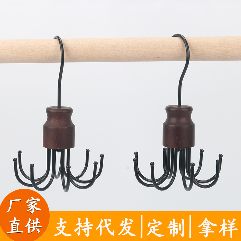 Solid Wood Tie Storage Rack with Eight Hooks, Multifunctional Hanger for Ties and Bags, Home Use, Non-Marking Storage for Scarves and Belts, Wholesale
