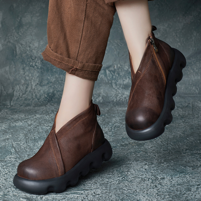 2024秋季新款帅气英伦风圆头厚底短靴女大头软底套脚轻便罗马短靴