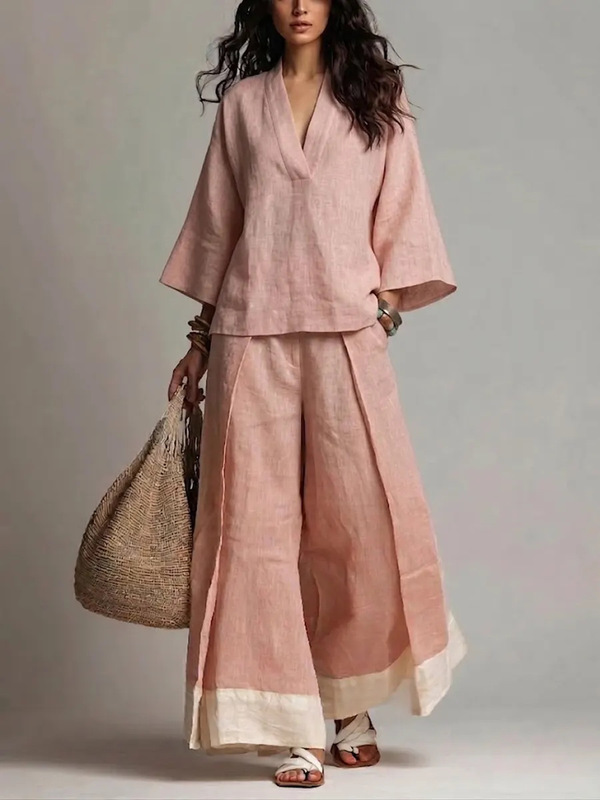 2026 Amazon European and American Cross-Border Cotton and Linen Style French V-Neck Three-Quarter Sleeve Shirt + Contrasting Color Wide-Leg Pants Set for Women 2026 Amazon European and American Cross-Border Cotton and Linen Style French V-Neck Three-Quarter Sleeve Shirt + Contrasting Color Wide-Leg Pants Set for Women