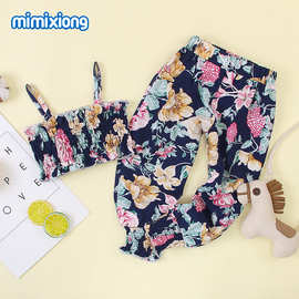 ins热卖 夏季新款女童套装印花吊带+长裤两件套