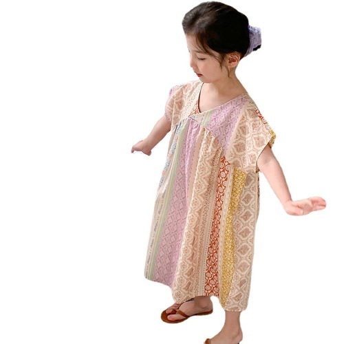 Girls skirt ethnic style V-neck dress princess skirt 24 summer clothes new foreign trade children's clothing drop shipping 3-8 years old