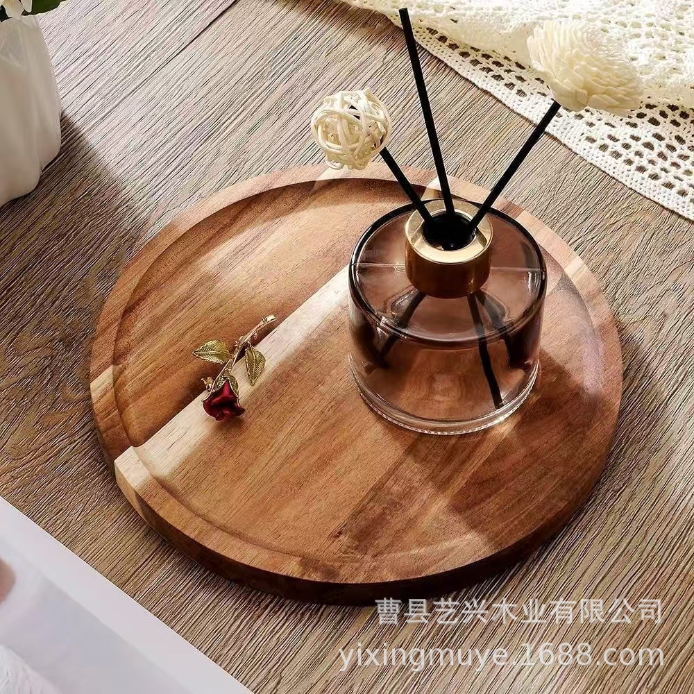 Wooden Round Tray Home Aromatherapy Ornaments Decorative Tray Bathroom Supplies Storage Tray Solid Wood Tea Dessert Tray