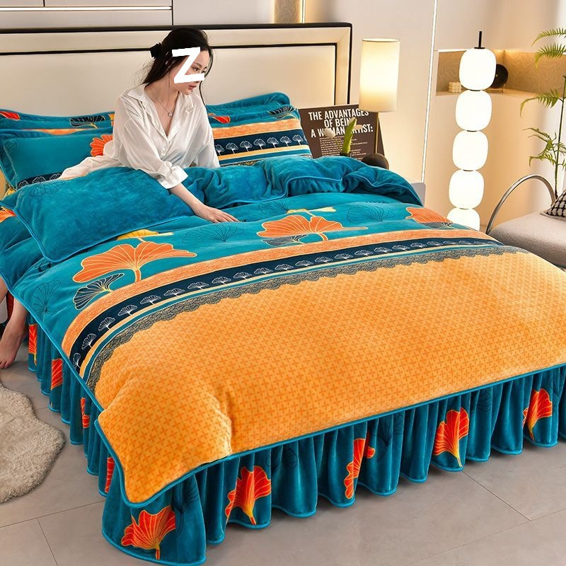 A类加厚保暖牛奶绒四件套床裙款双面加绒被套珊瑚绒冬季床上用品