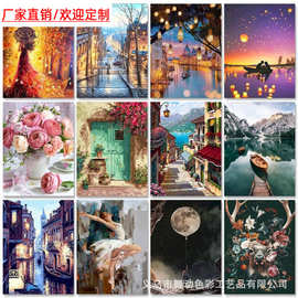 diy数字油画亚马逊wish跨境专供圣诞风景手绘填色装饰画个性化批