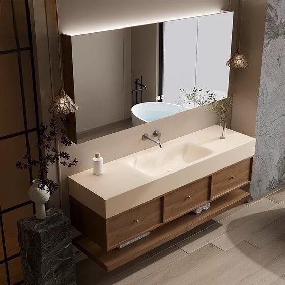 Middle Ancient Walnut Color Rock Plate Hot Curved All-in-One Basin Bathroom Cabinet Combination Toilet Wash-washing Basin Wash-washing Basin