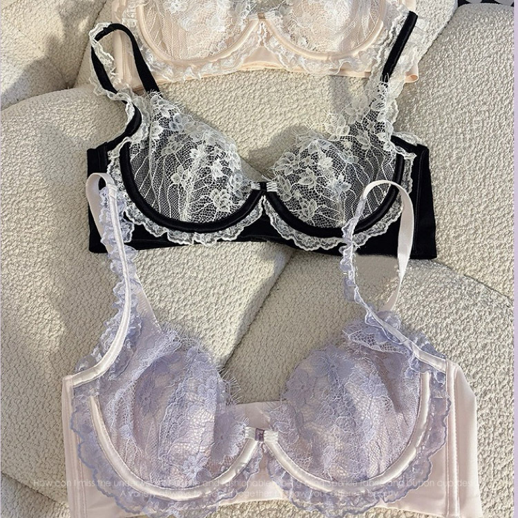 6891 Conjunto de ropa interior de encaje de pétalos franceses, orejas de conejo ligeras, pecho transpirable, pequeño sujetador de anillo de acero con memoria