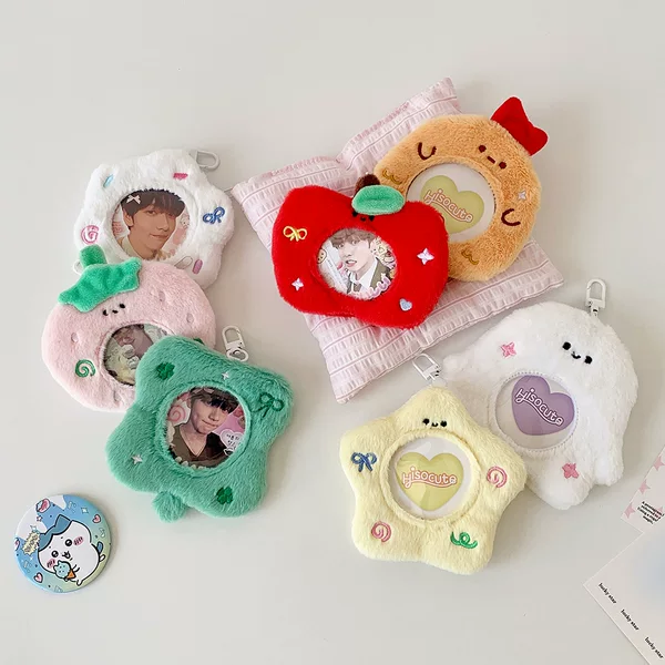 Ins Cartoon Apple Four-Leaf Clover Round Bar Storage Bag Student Cute Plush Pain Bag Round Badge Card Holder