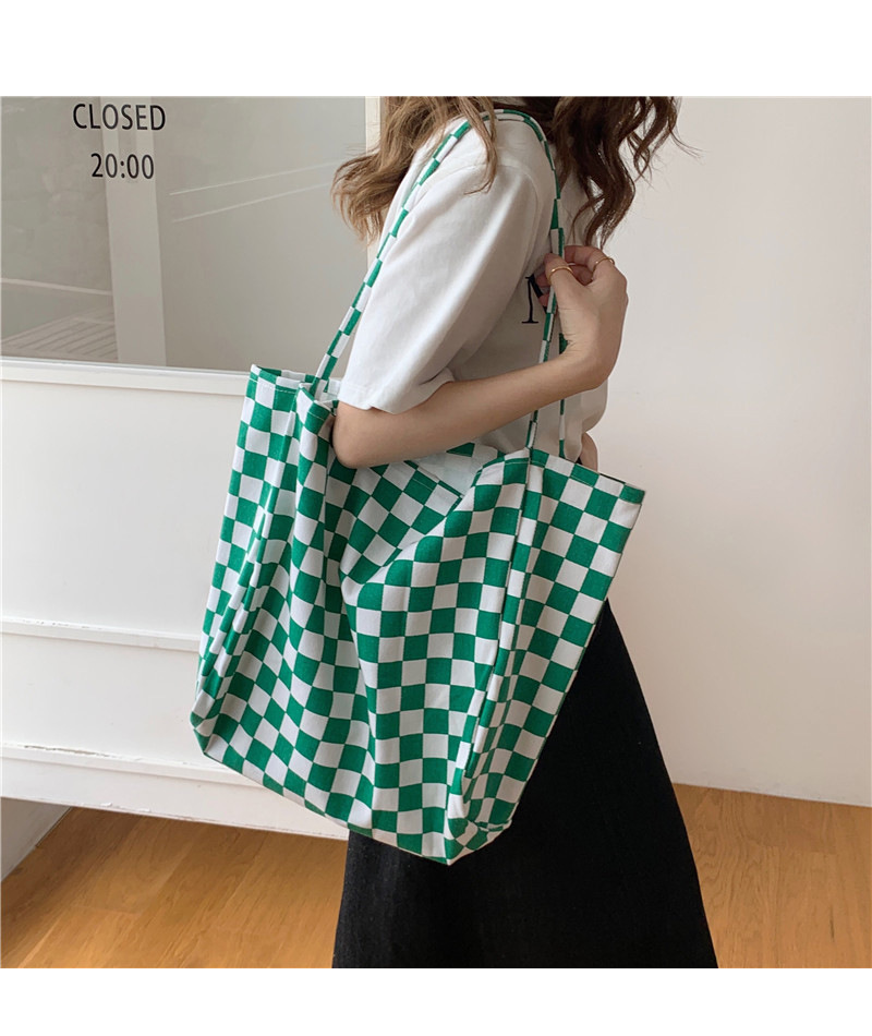 【 In Stock 】18181 checkerboard green checkered canvas bag, school-style commuter single-shoulder bag, retro hand-held tote bag details Picture