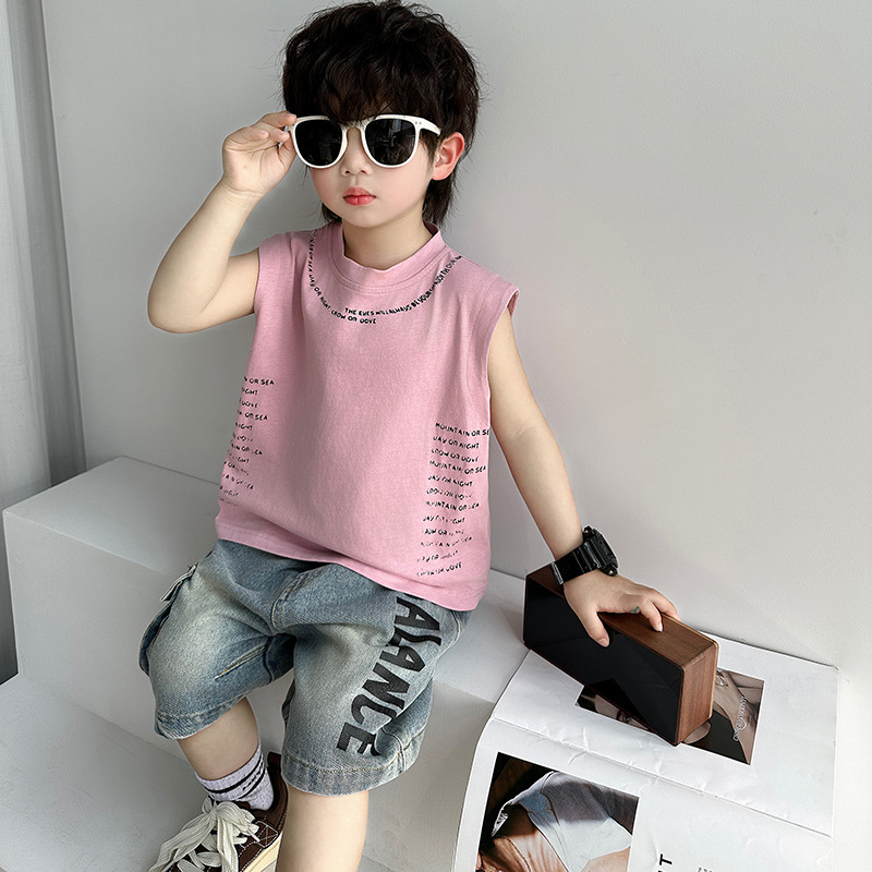 7267 Traje de verano para niños Estilo occidental Chaleco rosa sin mangas de verano para niños Pantalones cortos de mezclilla 2025 Nueva marca de moda