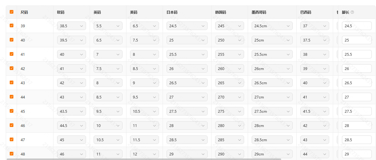 Cross -border size table