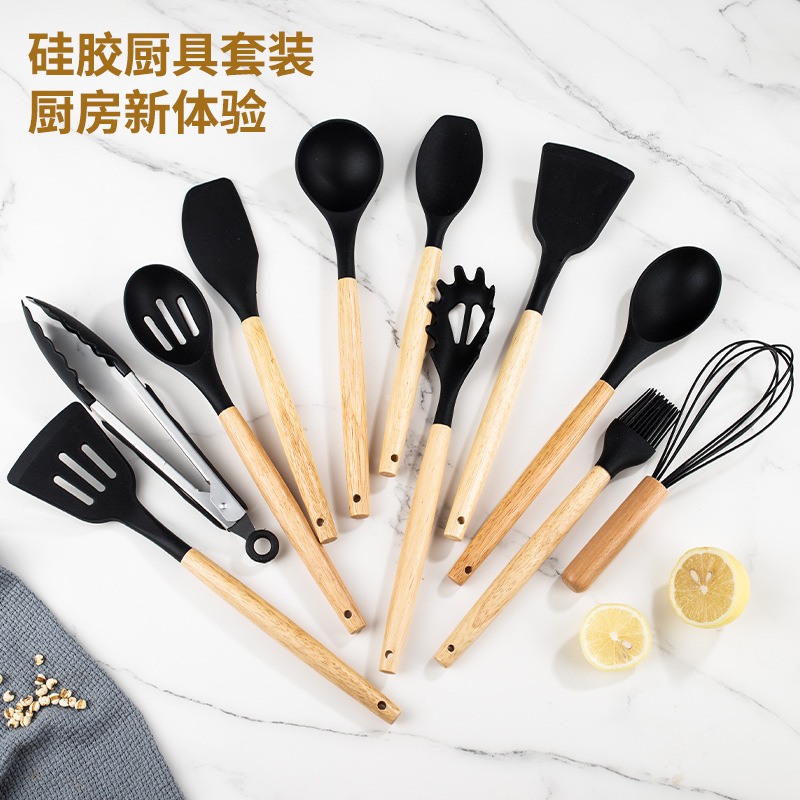 跨境木柄硅膠廚具套裝19件套不粘鍋烹飪鏟勺帶收納桶刀具組合套裝