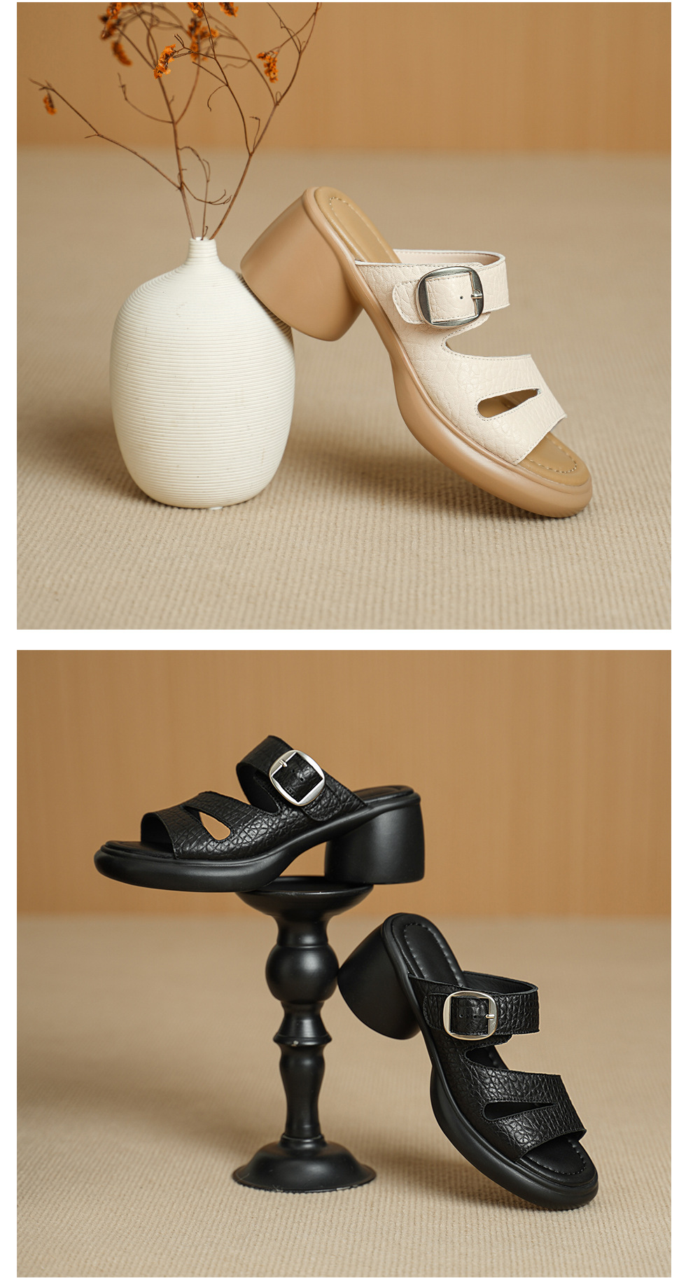 Sandal cao gót nữ hở mũi đế dày da dê 7 cm — đen chi tiết 14