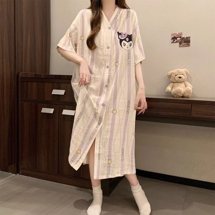 Camisón de manga corta al por mayor transfronterizo pijama de verano para mujer, falda larga, cárdigan, suelto, ropa de casa de dibujos animados, algodón de nube