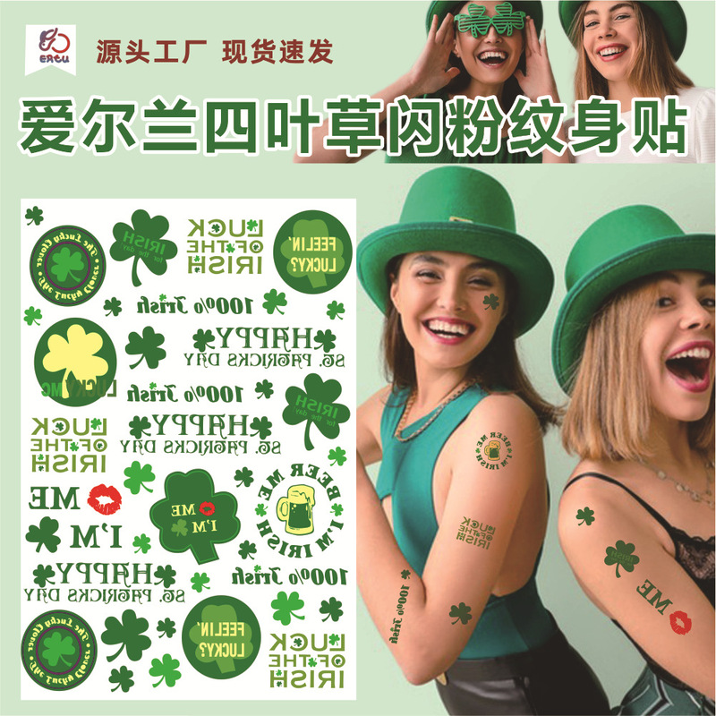 Cross-border Irish Glitter Tattoo Sticker Irish National Day Leaf Grass Cartoon Party St. Patrick Tattoo Sticker