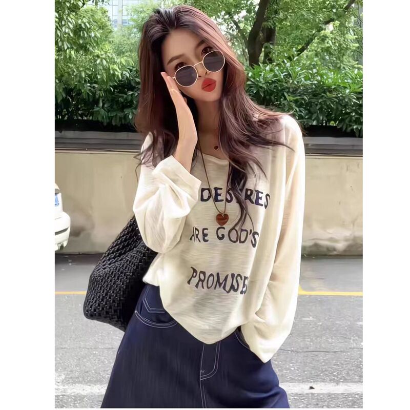 Bamboo Ribbed~2026 New Style Letter Print Long-Sleeve Off-Shoulder Sun Protection T-Shirt, Thin Loose Top for Women Bamboo Ribbed~2026 New Style Letter Print Long-Sleeve Off-Shoulder Sun Protection T-Shirt, Thin Loose Top for Women