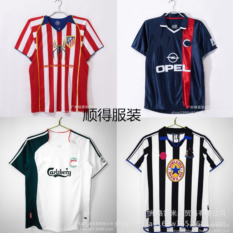European vintage football jerseys of famous clubs: 00-01 Paris Saint-Germain, 08-09 Liverpool FC, 04-05 Atletico Madrid