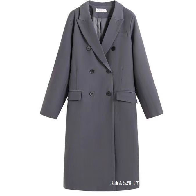 Long Blazer Women's Spring and Autum Korean Style Internet Celebrity Loose Double-Breasted Windbreaker Casual Suit Coat Black