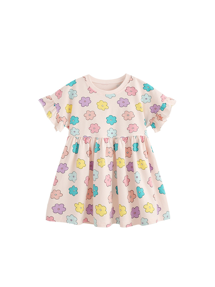 Malwee transfronterizo vestido de niña de verano nuevo estilo extranjero de niña impresión de cuello redondo de manga corta para niños europeos y estadounidenses