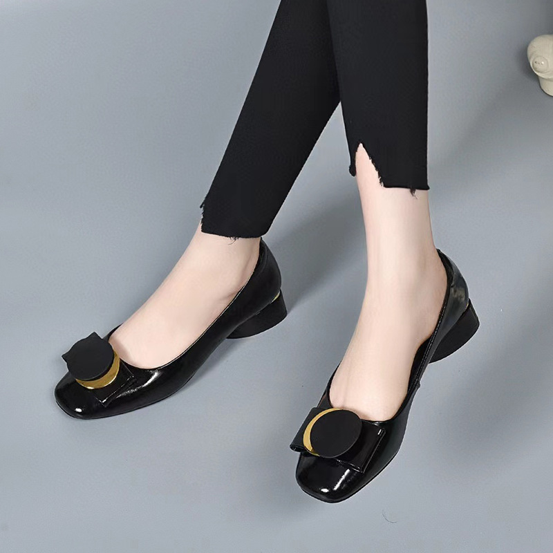 Giày lười nữ da thật mũi vuông gót thấp 3 cm dáng basic đa năng — Màu đen