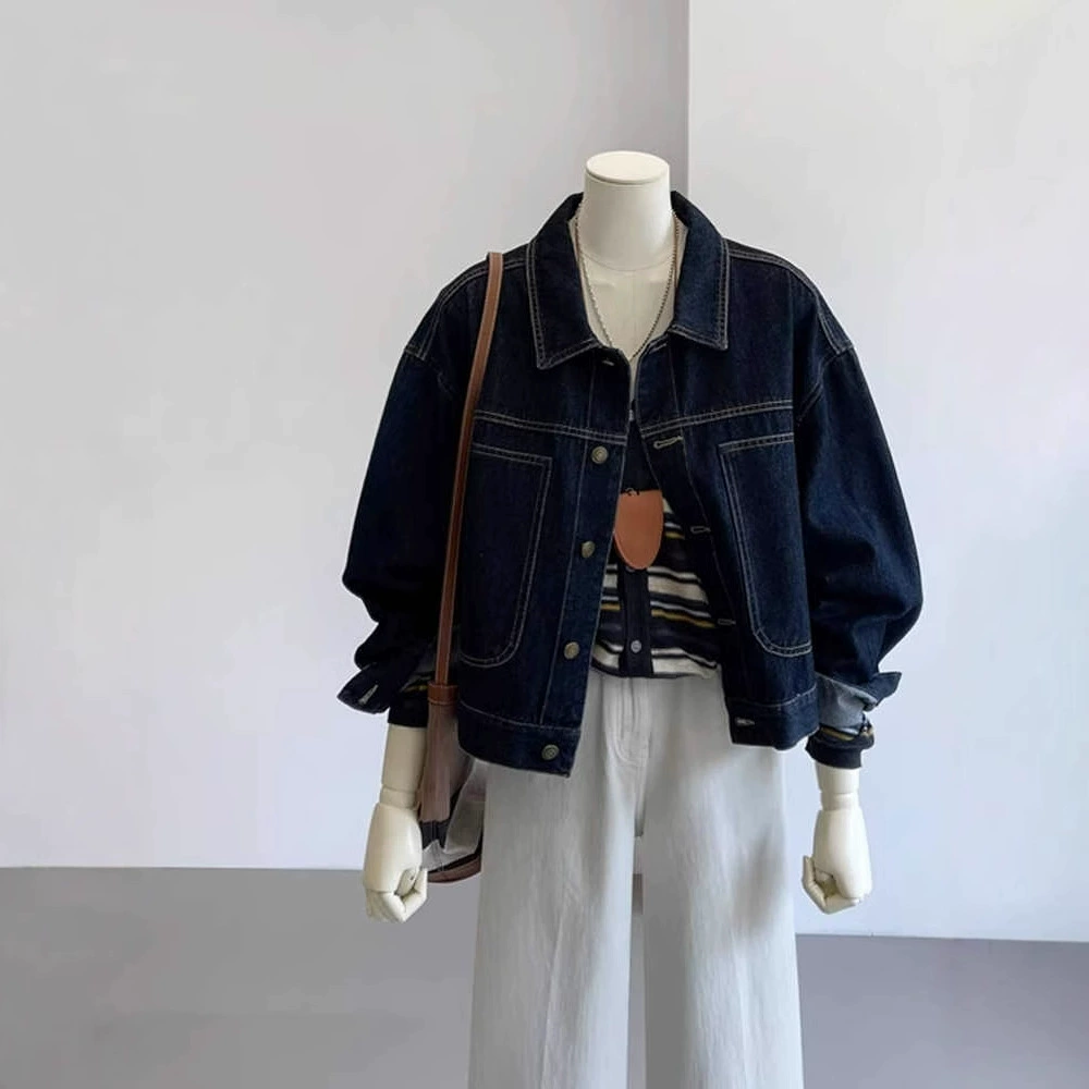 Весенний стиль 2025 новый ретро яркий дизайн чувство Гонконг ветер лацканный воротник короткий джинсовый пиджак женский маленький повседневный пиджак