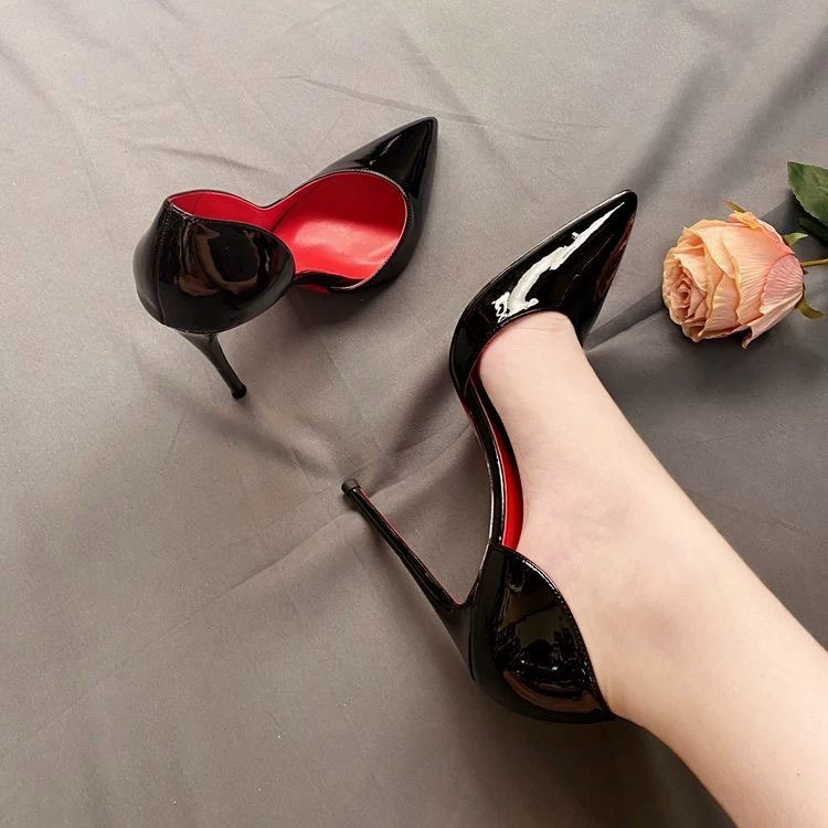 2024 весенний лакированный черный красный фон на каблуках на высоком каблуке сексуальный нишевый темперамент 10 см боковые пустые туфли для женщин