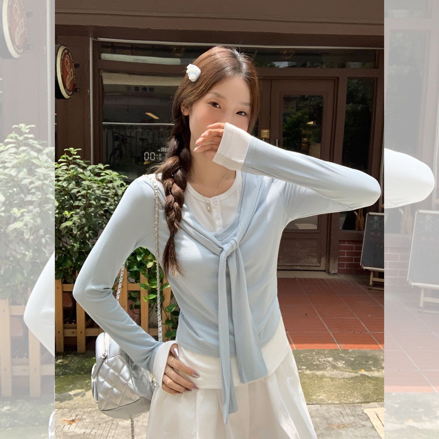 Stitching Contrast Colors False-two-piece Lace-up Shoulder Long-sleeved T-shirt