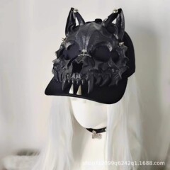 原创设计狼耳朵黑色獠牙棒球帽亚文化暗盒朋克辣妹鸭舌帽街头