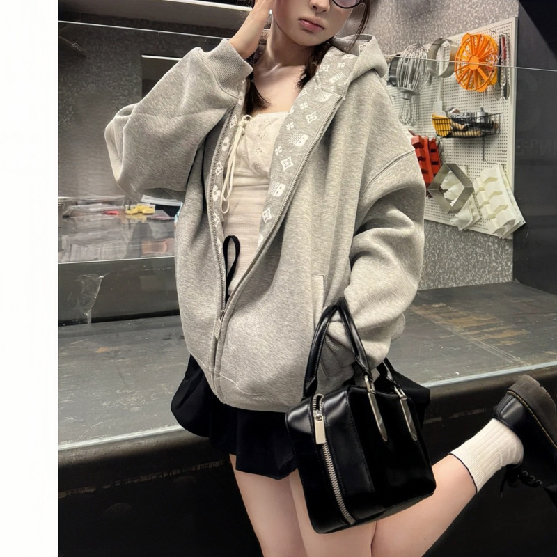 休闲学院慵懒风春秋新款男女松弛感卫衣刺绣连帽开衫短外套|undefined