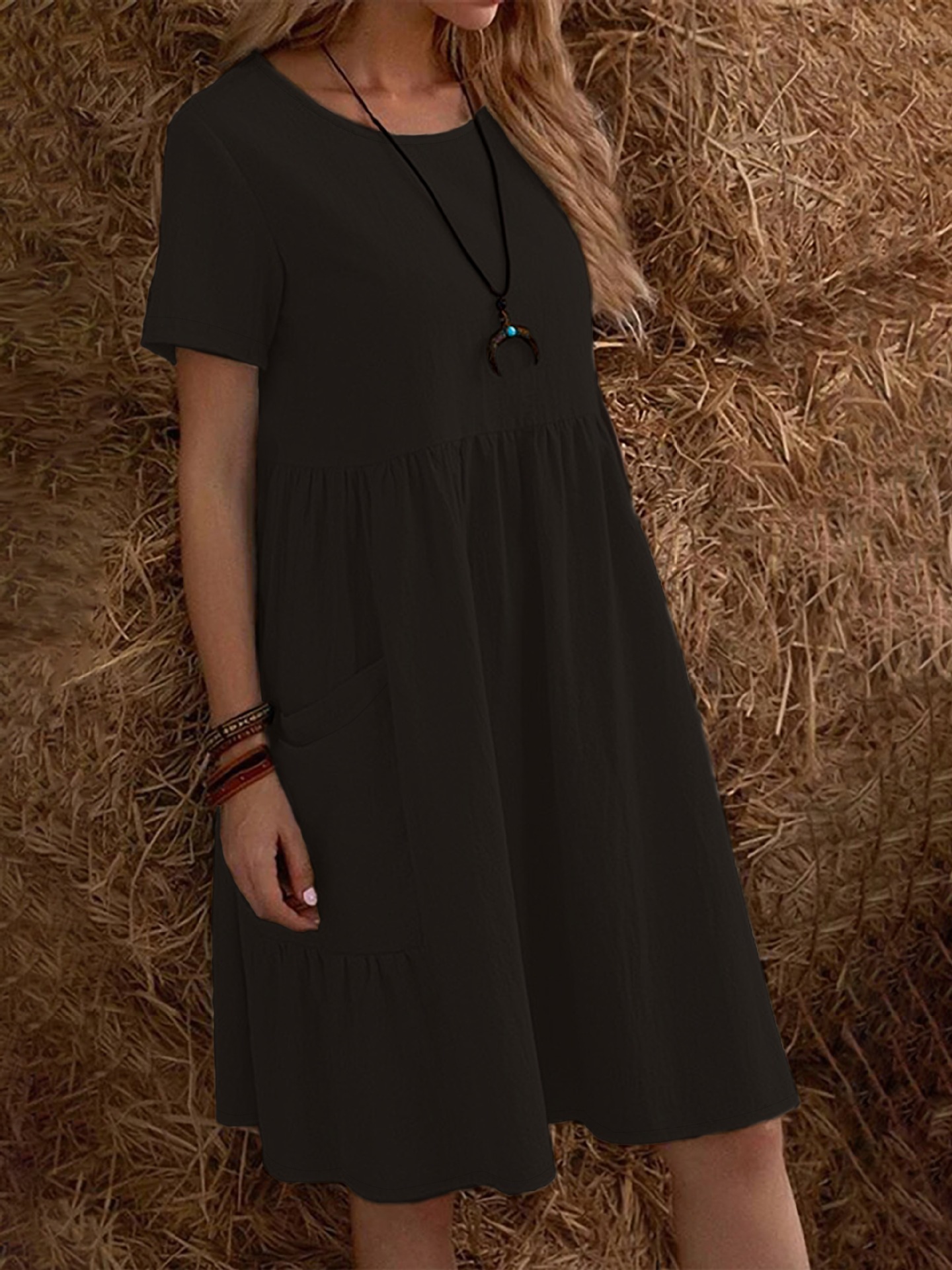 Women's Casual Short Sleeve A-Line Dress With Pockets, Solid Color Round Neck T-Shirt Dress For Everyday Wear_ecoleips.com