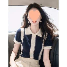 大码胖mm夏季冰线针织衫女翻领蓝色条纹短袖T恤法式小香风上衣薄