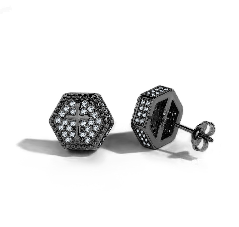 popular cross zircon hip hop earrings for men hexagonal gold plated full diamond hiphop earrings_voghion.com