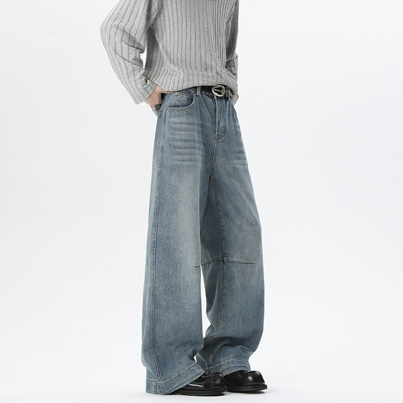 Amerikanischer Deconstructed Cleanfit Curved-Cut Jeans für Herren, Herbst- und Wintertrend, Marke Washed Straight-Leg_voghion.com