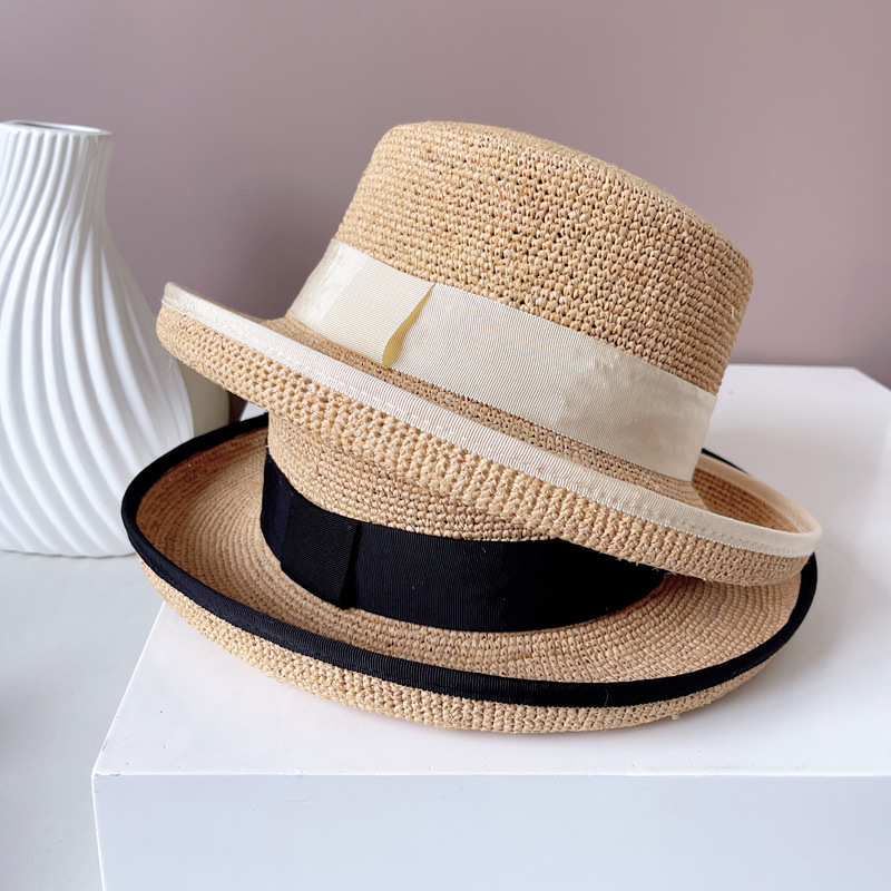 Hepburn Style Handmade Crochet Raffia Straw Bucket Hat For Summer_voghion.com