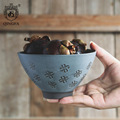 粗陶拉面碗 花朵浮雕陶瓷碗日式复古5.5寸抹茶高脚碗喇叭碗斗笠碗