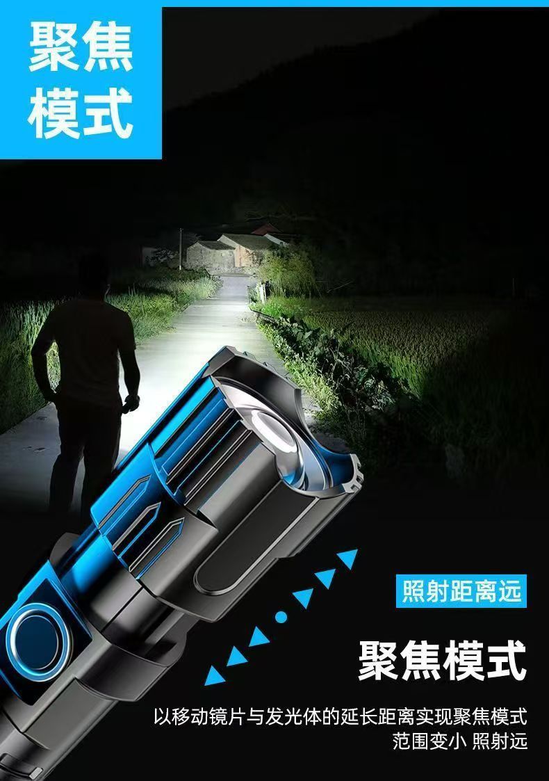 Cross-Border Popular High-Brightness Flashlight USB Rechargeable Telescopic Zoom Large Floodlight Handheld Outdoor Emergency Lighting