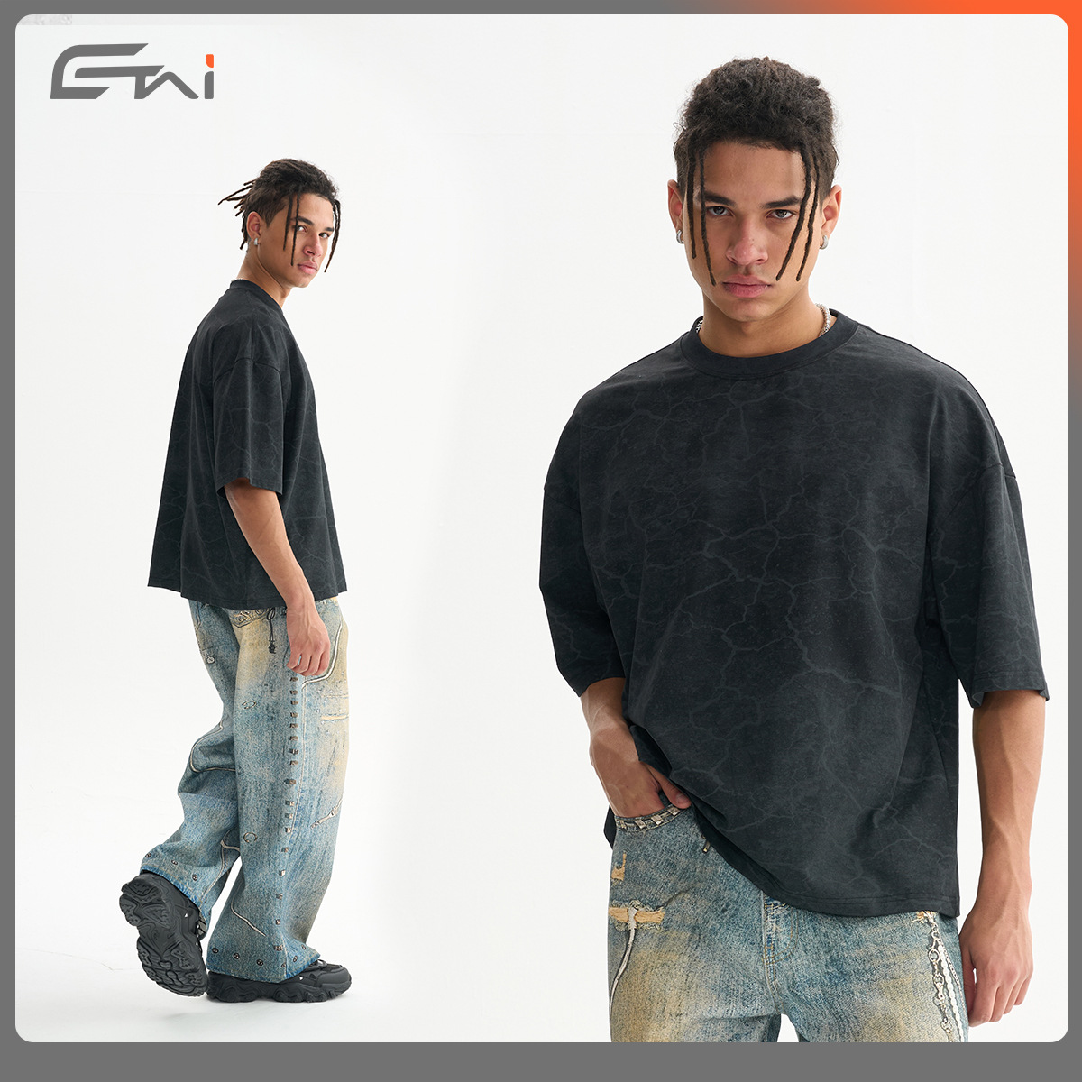 ETAI Hombre| Sucio sucio estilo retro residuos de tierra agrietado camiseta marca de moda masculina de alta calidad corta ancho tipo hombre mangas cortas