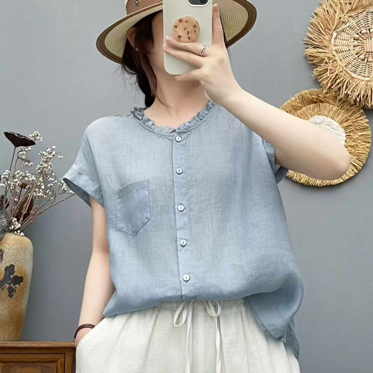 2026 Summer Women's Ramie Blouse with Ruffled Collar and Flutter Sleeves, Skin-Friendly Thin Shirt Top, New Loose-Fitting Thin Style