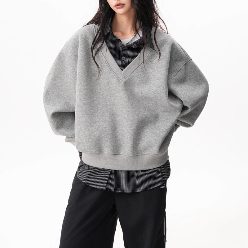 High-Sense Fake Two-Piece Polo Sweatshirt for Women and Men in Autum Loose Casual Long-Sleeved T-Shirt Contrasting Stripesd Patchwork Top