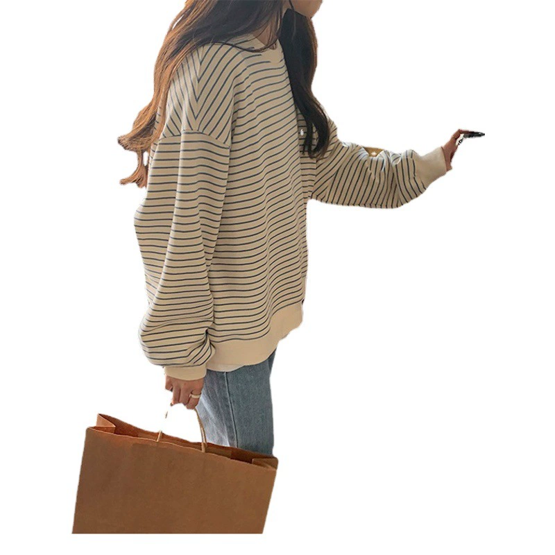 Женская толстовка на раннюю осень 2025 года, новая, в корейском стиле, свободного кроя, в полоску, с круглым вырезом, пуловер, с длинным рукавом, модная футболка